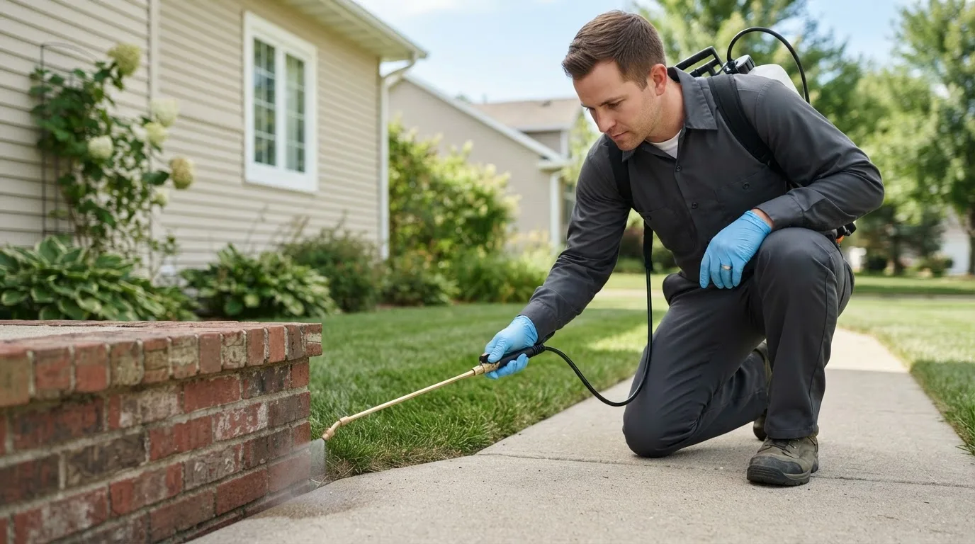 Pest control technician treating a home near Warren, PA