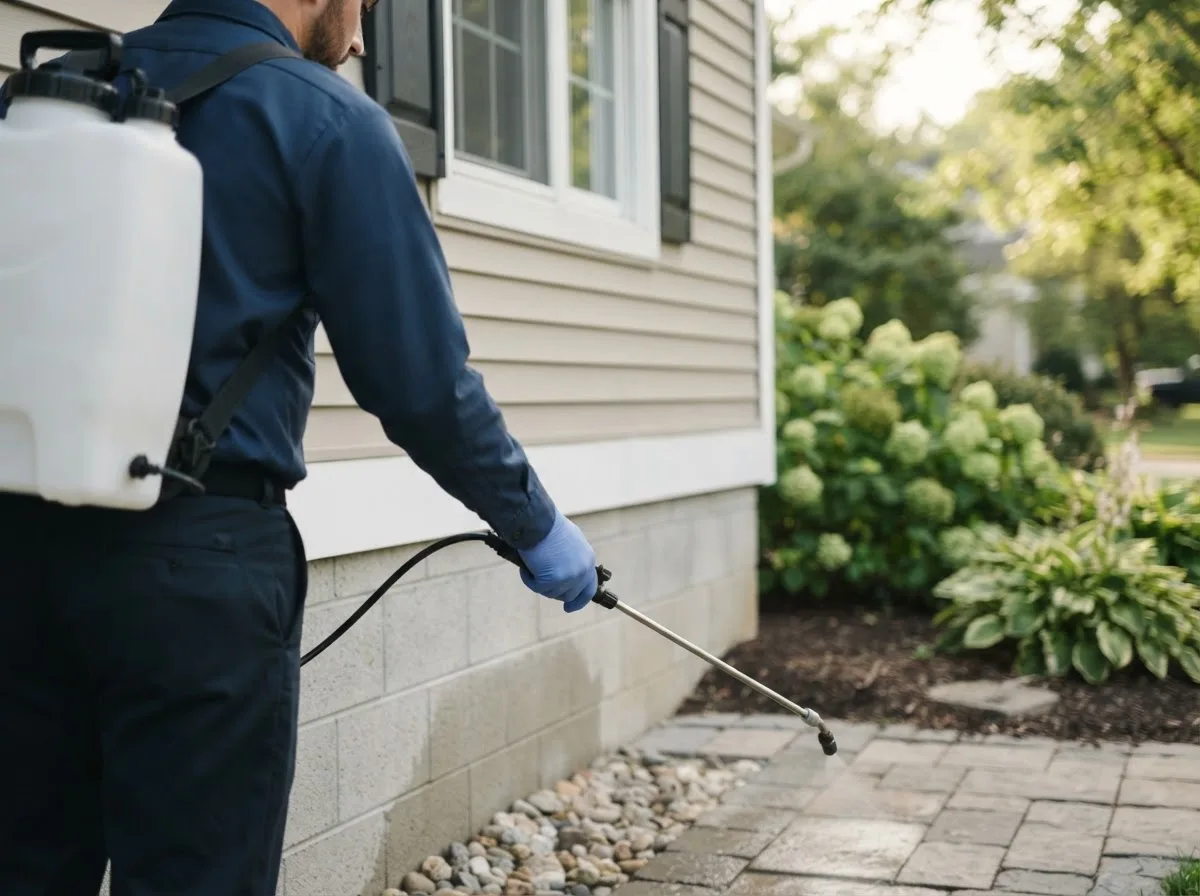 Pest control technician inspecting a home in Warren, PA